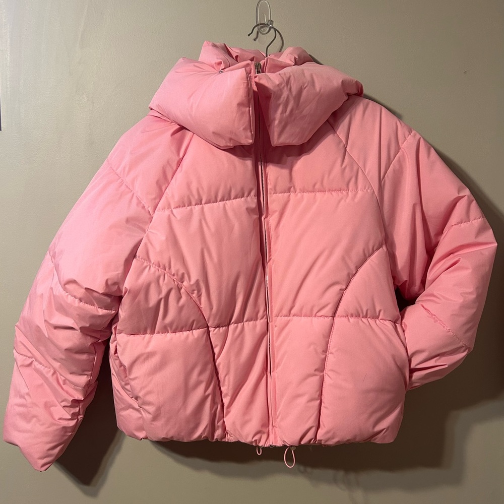 Pink puffer coat with hood - never worn